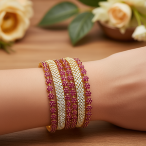 6 Gold Plated <b>Copper</b> <b>Bangles</b> with American Diamonds Pearl & Zircon-Trendy Classic Engagement Bracelets - Product Image 2