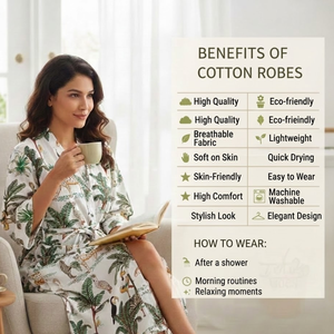 ชุดกิโมโนผ้าฝ้ายออร์แกนิคพิมพ์ลายด้วยมือ |   ชุดคลุมอาบน้ำพิมพ์ลายดอกไม้และสัตว์สำหรับผู้หญิงคอวี |   ชุดลำลองแขนยาวแบบยั่งยืน - Product Image 4