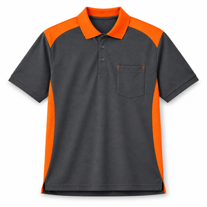 Navy and Fluorescent Yellow Mens Workwear <b>Polo</b> <b>Shirt</b> Short Sleeve Contrast Panels Chest <b>Pocket</b> Button Placket Collared Two Tone - Product Image 3
