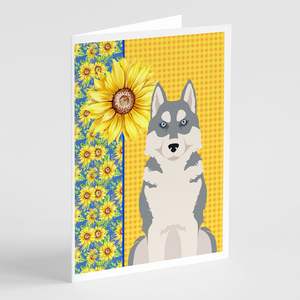 Whimsical Summer Sunflowers y Grey Siberian Husky Pack 8 A7 Tamaño 5x7 Tarjetas de felicitación en blanco con sobres para notas - Product Image 1