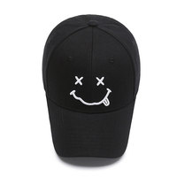 Casquette de baseball noire à 6 panneaux avec logo brodé blanc sur le panneau avant, ajustement réglable, style décontracté unisexe, matière en coton.