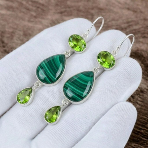 Boucles d'oreilles pendantes en argent sterling 925 massif, serties de malachite et de péridot, faites à la main, style bohème, pour femme - Product Image 3