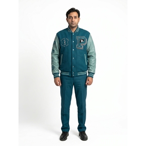 Custom Men's Premium Woven Embroidered Melton Wool Letterman Suit Varsity Jacket <b>Trouser</b> Set Leather Sleeves Front OEM XL Spring - Product Image 1