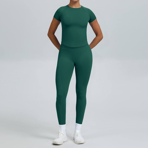 Conjunto de 2 Piezas para Yoga, Cuello Redondo sin Tirantes, Manga Larga, Cintura Alta, Largo Completo, Sin Costuras, Transpirable, Estampado, Ropa Deportiva, Elástico en 4 Direcciones - Product Image 5