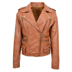 Chaqueta de cuero sintético para mujer, estilo motociclista, cuello alto, cremallera, color marrón claro, para invierno - Product Image 1