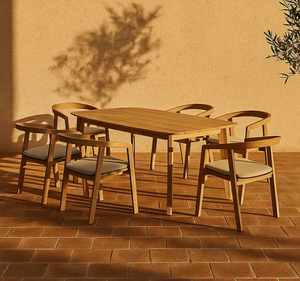 ชุดโต๊ะรับประทานอาหารกลางแจ้งไม้สักแท้สไตล์มินิมอลทันสมัย พร้อมเก้าอี้ 6 ตัว สไตล์สแกนดิเนเวียน เฟอร์นิเจอร์สำหรับสวน ลานบ้าน วิลล่า รีสอร์ท - Product Image 4