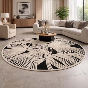 Round Abstract Black White Wool Irregular Area Rug Modern Line Art Organic Shape Living Room Bedroom Design Tufted Carpet Decor - Product Image 1