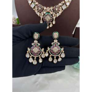 Vastra Premium Moissanite Gold Plated Bridal Necklace and Earring Set - Product Image 3
