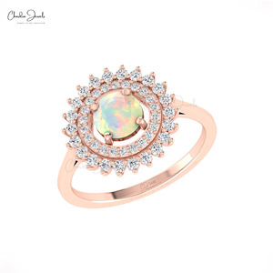 Natural 6mm Round Cut Ethiopian <b>Opal</b> Dual Halo <b>Ring</b> in 14k Solid Gold Diamond Classic Wedding <b>Ring</b> from Chordia Jewels - Product Image 1