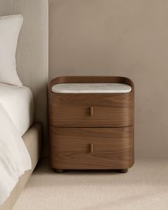 Modern Rounded Teak Wood Nightstand with Two Drawers and Soft Contemporary <b>Bedroom</b> Style - Product Image 1