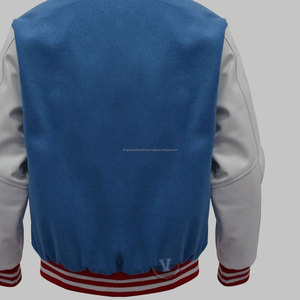 Chaqueta universitaria de lana azul personalizada con mangas de cuero Proceso de revestimiento de cuello alto-Estilo Letterman de escuela secundaria - Product Image 4