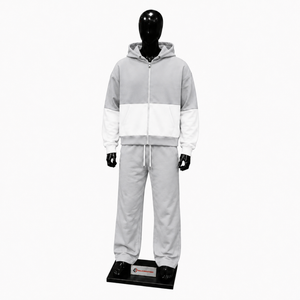 Silver <b>White</b> Color Block Tracksuit <b>Men</b> Full Zip Hoodie With Matching <b>Jogger</b> Pants Premium Two Piece Sports Outfit Modern Casual - Product Image 1