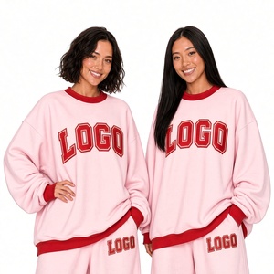 Women's Oversized <b>Pink</b> Crew Neck <b>Sweatshirt</b> With White Logo Print Drop-Shoulder Long Sleeve Knitted Cotton Autumn Wear - Product Image 4