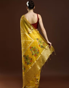 Sari Banarasi Amarillo Estampado para Mujer KV con Blusa Sin Coser - Product Image 4