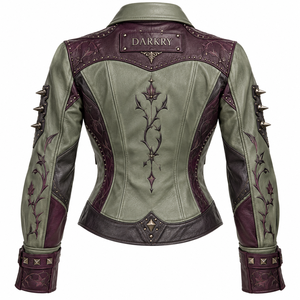 Olive Green Burgundy Women Genuine Leather Jacket Floral Skull Print Spike Metal <b>Studded</b> Biker Outerwear Custom Oem Odm Offer - Product Image 2