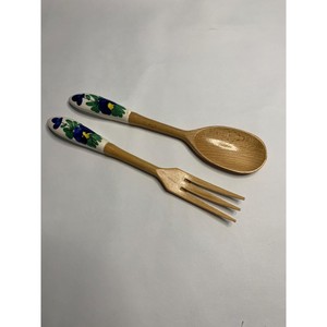 Wood <b>Salad</b> Servers Set With Floral Ceramic Handles Dishwasher Safe Eco-Friendly <b>Salad</b> <b>Tools</b> - Product Image 3