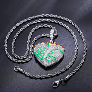 Heart Shape Moissanite Pendant With Green Islamic Calligraphy And Flame Design 925 <b>Silver</b> Hiphop Jewelry Unisex Everyday Wear - Product Image 2