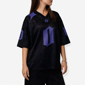 Camiseta de fútbol americano de malla negra y morada a la moda al por mayor, estilo urbano oversize, con logo personalizado, poliéster transpirable, suministro OEM, EE. UU. - Product Image 5