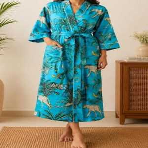 Indian Cotton Floral Printed V-neck <b>Kimono</b> Robe Quick Dry Breathable <b>Beach</b> Cover-Up With Great Embroidery Work <b>Kimono</b> Dress - Product Image 4