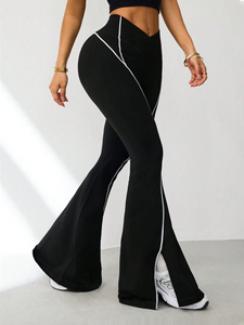 <b>Flare</b> <b>Leggings</b> Black White Contrast Piping Bootcut High Waist Yoga Pants Custom Wholesale Activewear - Product Image 2