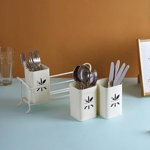 Minimalist Metal <b>Cutlery</b> Organizer with 3 White Rectangular Pots for Kitchen <b>Storage</b> Holders Standing Type Durable Design - Product Image 5