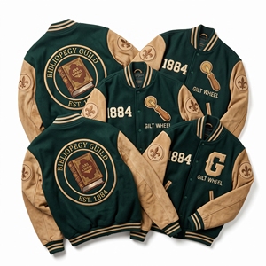 OEM Custom Varsity Letterman <b>Jacket</b> Wool <b>Leather</b> Sleeves <b>Pilots</b> Union Steamboat Embroidery Mark Twain Patch Teal Coat - Product Image 3