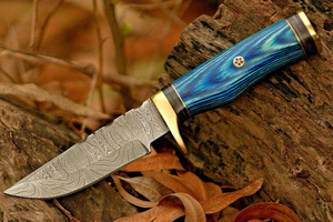 Cuchillo de Caza de Acero de Damasco Personalizado OEM, Cuchillo de Supervivencia de Hoja Fija para Bushcraft con Mango de Madera Azul y Funda de Cuero, Venta al por Mayor - Product Image 4