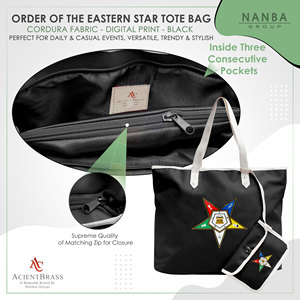 Eastern Star Masonic <b>Black</b> Tote <b>Bag</b> with Zipper Closure | Custom Logo Waterproof Shopping <b>Bag</b> for Unisex Use - Product Image 5