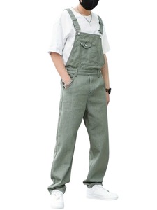 Salopette en jean vert pour homme, couleur unie, taille haute, coupe ample, style décontracté, pantalon en coton pour le printemps - Product Image 5
