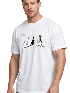 ONETEN APPAREL เสื้อยืดแขนสั้นผู้ชายสีขาว O-Neck Casual Guitar Cat Print Top - Product Image 4