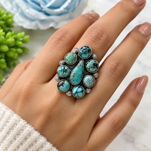 Anillo de Cabujón de Turquesa de Hubei Hecho a Mano, Anillo Chapado en Plata Oxidada con Gema de Ametrino Engastada en Bisel, Anillo de Declaración Vintage para Mujer - Product Image 1