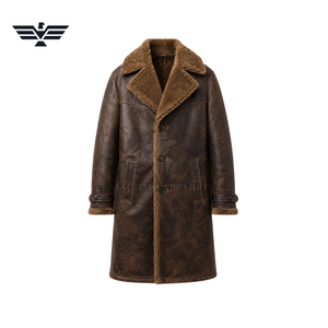 Veste de moto pour homme en cuir PU marron longue et ajustée, doublure en fausse fourrure, col montant, coupe-vent, style vintage, fermeture éclair - Product Image 3