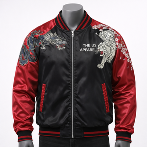 OEM Custom Windproof Winter Varsity Bomber <b>Jacket</b> <b>Mandarin</b> <b>Collar</b> Zipper Closure Unisex 100% Polyester Embroidered Private Front - Product Image 1