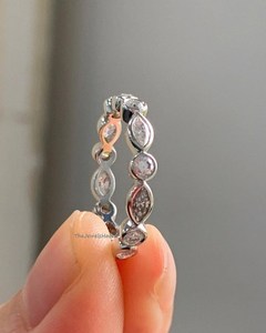 Vintage Moissanite Bezel Wedding Band Vintage Marquise Cut Round alternative Wedding Band 14K White <b>Silver</b> Wedding Band Bezel - Product Image 1