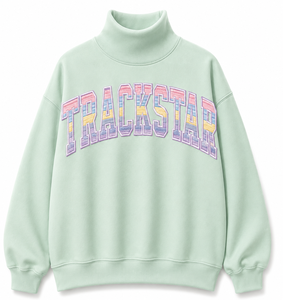 Custom Trackstar Flame Pattern Letter Applique Women's Oversized Mint Green Mock Neck Cotton Fleece Sweatshirt - Product Image 1
