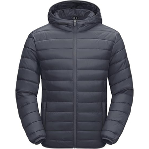 Men's Hooded Puffer <b>Jacket</b> Windproof Zipper Closure Polyester Winter Coat Casual Style Regular Fit Solid Color - Product Image 1