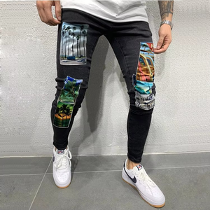 Pantalon en jean imprimé coupe slim style européen pour homme, déchiré, skinny, grandes poches – Vente en gros personnalisée à prix usine de Chine - Product Image 1