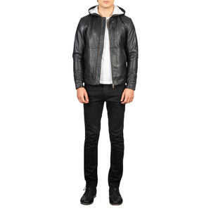 Chaqueta con Capucha de Cuero Genuino Negro para Hombre, Cierre de Cremallera, Abrigo Informal de Invierno - Product Image 3