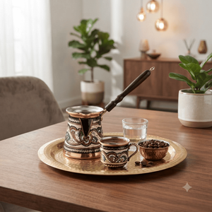 Cafetera turca de cobre esmaltado floral negro, Cezve, Ibrik árabe, Briki griega, calentador de leche para estufa con mango de madera oscurecida - Product Image 2