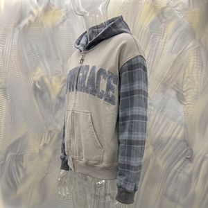 Sweat-shirt à capuche zippé Snowgrace, manches à carreaux, polaire, unisexe, veste d'hiver décontractée, logo brodé sur le devant, coupe classique - Product Image 3