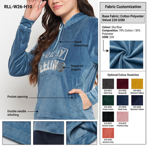 เสื้อฮู้ดกำมะหยี่ปักลายสำหรับผู้หญิง ผ้าคอตตอนผสมโพลีเอสเตอร์ 220 GSM เสื้อพูลโอเวอร์ สีตามสั่ง ขายส่งเสื้อผ้า - Product Image 4