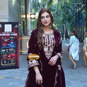 Velvet Sequence Embroidery Front and Back <b>Top</b> with Velvet Plazzo and Organza Lace Dupatta Set Full Stitched Sizes M L XL and XXL - Product Image 4