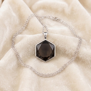 Collier pendentif hexagonal en quartz fumé naturel 20MM, finition laiton argenté, doré, or rose, personnalisable, cadeau d'octobre, pierre précieuse - Product Image 1