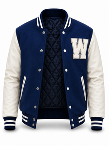 Chaqueta Varsity Unisex Azul Marino de Invierno con Parches y Letra W Blanca Bordada, Corte Regular, Estilo Urbano, Cuello Camisero - Product Image 4