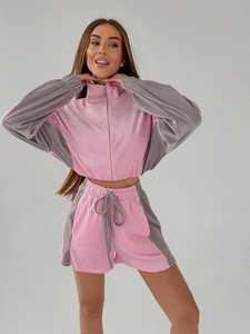 Women's Pink Gray Two Piece Shorts <b>Set</b> Sporty Fleece Crop Top And Drawstring Shorts Loose Fit Spring Summer Wear - Product Image 5