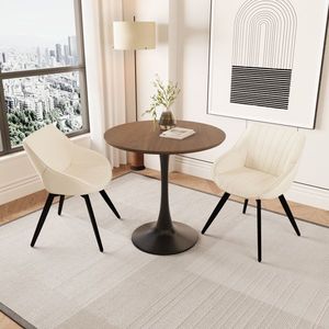 31.5\" <b>Walnut</b> Color MDF Round Dining <b>Table</b> 2 Black Metal Leg Tulip Design 2 Artificial Leather Decorative Chairs-Dining Room Set - Product Image 3
