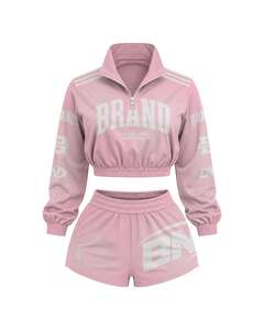 Ensemble de survêtement rose 2 pièces pour femme : veste zippée et short, manches longues, col montant, imprimé par sublimation, style sportif été 2026 - Product Image 1