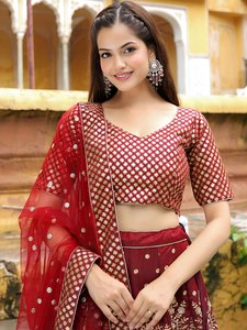 Maroon Sequin Applique Bridal <b>Lehenga</b> Choli Dupatta Raw Silk Embroidery Short Sleeves Knee-Length A-Line Silhouette Wedding - Product Image 1