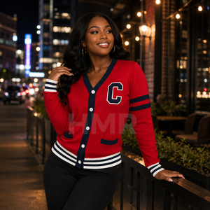 HMR Sisterhood Sorority Acrylic Embroidered Crest Button Front Knit <b>Red</b> V Neck <b>Cardigan</b> Long Sleeve Contrast Trim Sweater - Product Image 4