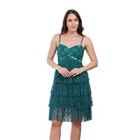 Robe de cocktail élégante vert turquoise à fines bretelles, avec volants superposés en maille, robe de soirée de luxe courte ornée de perles et de sequins pour le bal de promo